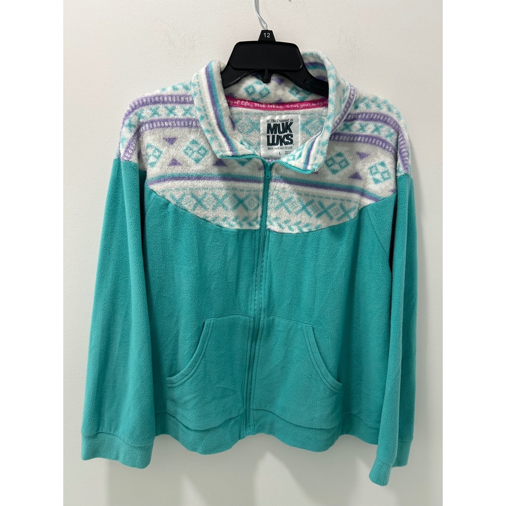 Muk Luks Womens Fleece Full Zip Jacket Teal Fair Isle Geometric Large RN136445